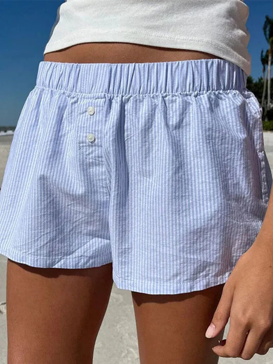 Striped Print Casual Shorts for Women, Elastic Waist Fashion Button Bottoms Streetwear, Chic Basic Y2K Loose Shorts