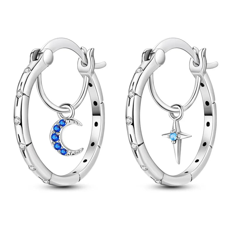925 Sterling Silver Moon Universe Starry Sky Series Charm Earrings Women Blue Shiny Zircon Daily Wear Jewelry