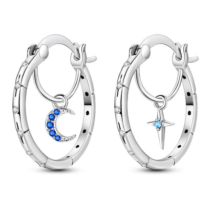 925 Sterling Silver Moon Universe Starry Sky Series Charm Earrings Women Blue Shiny Zircon Daily Wear Jewelry