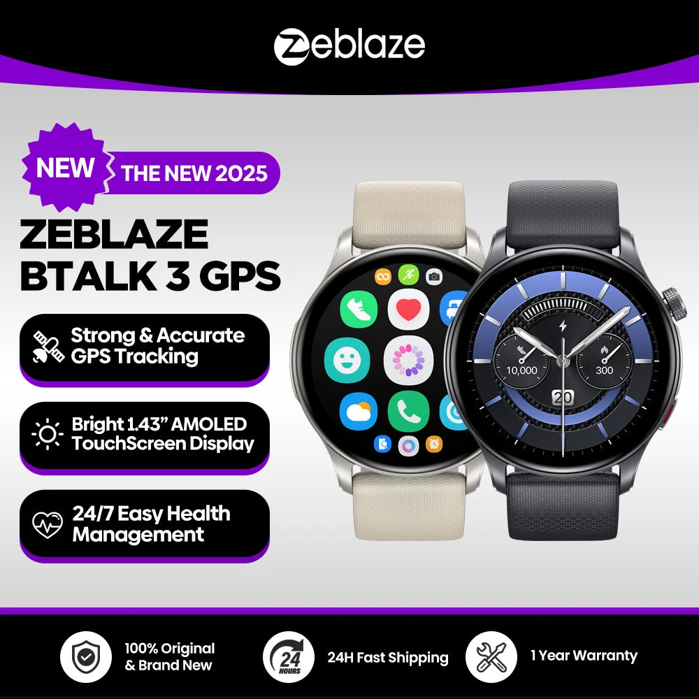 New Zeblaze Btalk 3 GPS Smartwatch 1.43" AMOLED Screen Dual Strap Bluetooth Calling Sports Watch Heart Rate SpO2 Stress Tracking