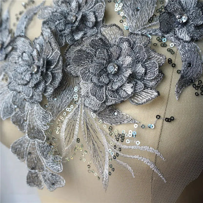 Grey Blue Red 3D Flower Leaf Lace Fabric Sequin Rhinestone Embroidered Gown Appliques Collar Mesh Sew Patch For Wedding Decor