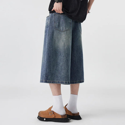 Men's Non-Elastic Denim Seven-Five Shorts Loose Wide Leg Fit Versatile Simple Style Casual Shorts
