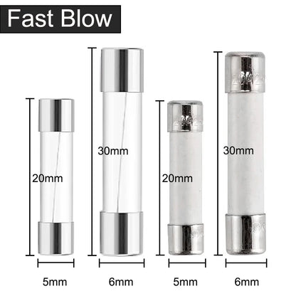 20Pcs, 5x20 6x30mm Ceramic Glass Fuse, 250V 0.2A 0.5A 1A 2A 3A 5A 6A 8A 10A 15A 5*20 6*30, Multimeter Fuses, Auto Insurance Tube