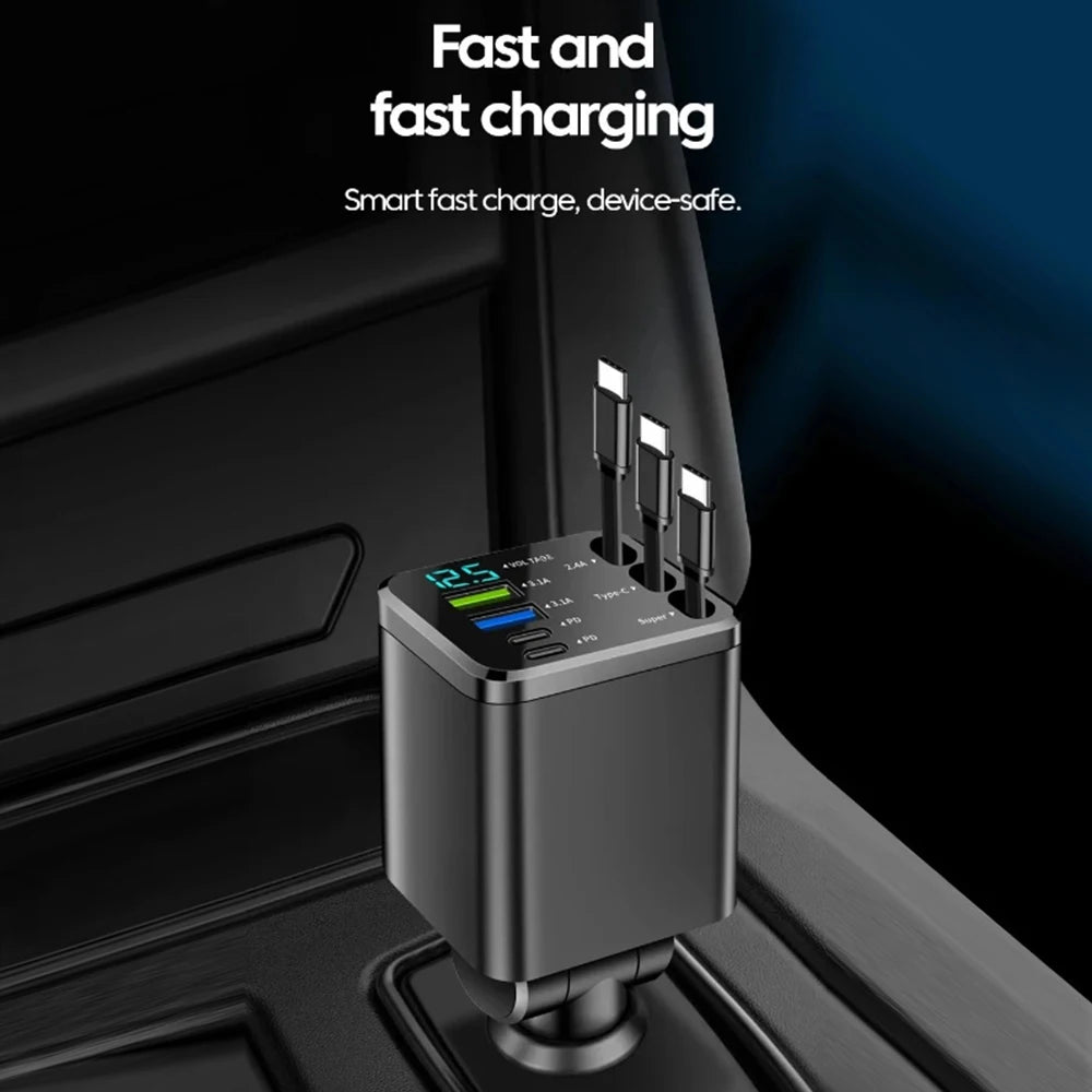 KEBIDUMEI 180W Car Charger PD30W USB 3.1A Phone Charger Digital Display Fast Charging Retractable Cable Adapter Car Accessories