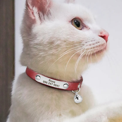 Personalized Cat Collar Leather Kitten Cats Collars Adjustable Pet Necklace With Bell Anti-lost for Cats Free Engraving Custom