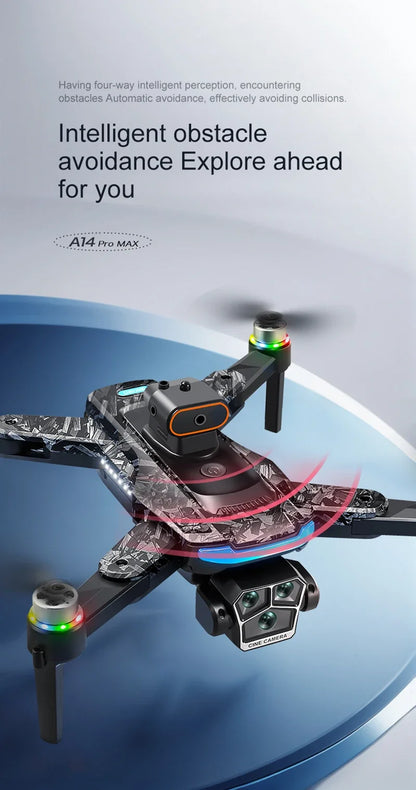 Drone A14Pro Max 8K HD Three Camera Brushless Optical Flow Obstacle Avoidance Foldable Quadcopter UAV 4.5-inch Large Screen Toys