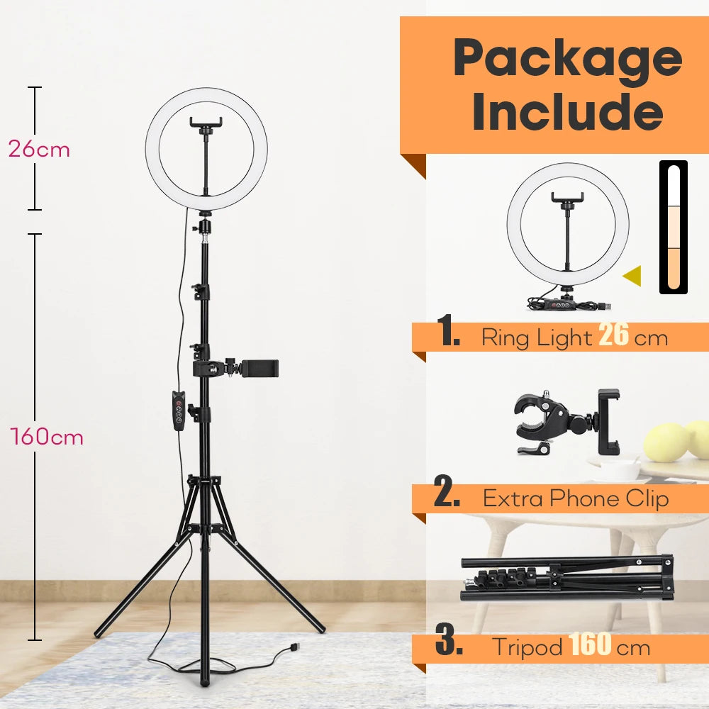 Tripod With LED Ring Light For Phone, Tripod Camera Stand Selfie Photography Light LED Lamp Color Photo Studio For YouTube Live