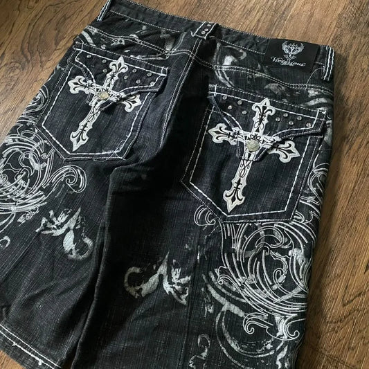 Y2K New American Fashion Pattern Letter Embroidery Baggy Denim Shorts Women Street Vintage Hip Hop Casual Shorts Women Clothing