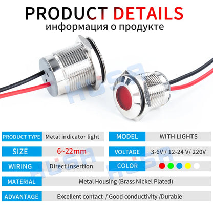 6mm 8mm 10mm 12mm 14mm Metal LED Warning Indicator Light Signal Lamp Pilot Wire 3-6V 12-24V 220V Waterproof IP65 Red Green Blue