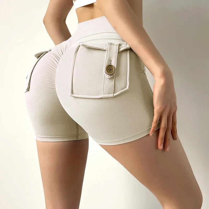 Pantalones cortos de yoga para mujer, con bolsillo, fruncidos, mallas de gimnasia de cintura alta que realzan los glúteos, mallas deportivas sexis, pantalones cortos para correr y fitness