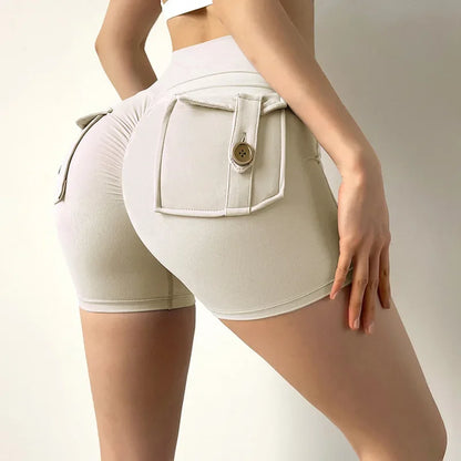 Pantalones cortos de yoga para mujer, con bolsillo, fruncidos, mallas de gimnasia de cintura alta que realzan los glúteos, mallas deportivas sexis, pantalones cortos para correr y fitness