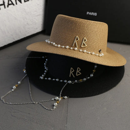 New Women Summer Hats, Straw Sun Hat, Panama Elegant Straw Fedoras Lady Girl Outdoor Vacation with Pearl Chain Sunshade Beach Hat