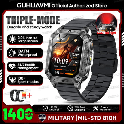 2026 Outdoors Durable Men Sports Smart Watch 1400mAh Battery LED Flashlight IP69K Waterproof Bluetooth Call Military Smartwatchs