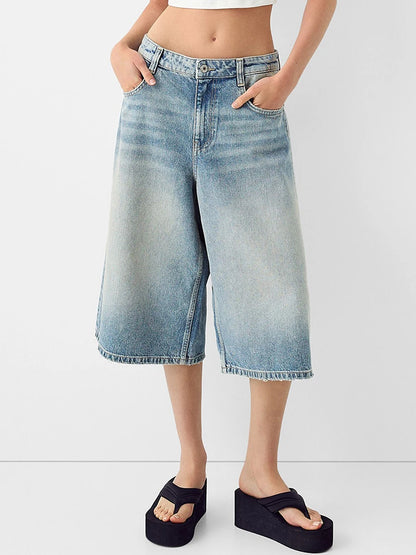 Women's Trendy Knee Length Denim Shorts, Low Waisted Stretchy Bermuda Jean Shorts, Baggy Cargo Jorts Y2K Vintage Streetwear