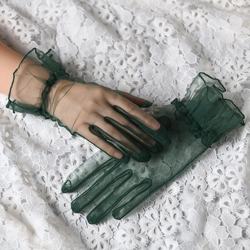 Retro Spring Summer Women Short Tulle Gloves White Black Wedding Gloves Stretchy Lace Full Finger Mittens Mesh Translucent Glove