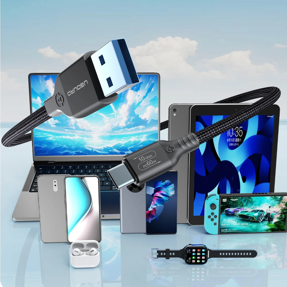 USB3.2 USB3.1 Gen2, 10Gbps Cable, USB-A to USB Type C Cable, 3A 60W Fast Charging, 10G Data Transfer Cord, USB-C for SSD Hard Disk