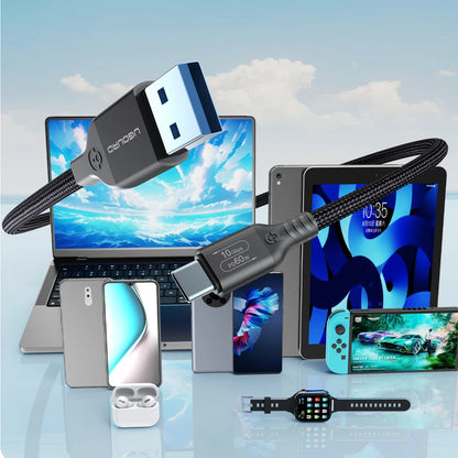 USB3.2 USB3.1 Gen2, 10Gbps Cable, USB-A to USB Type C Cable, 3A 60W Fast Charging, 10G Data Transfer Cord, USB-C for SSD Hard Disk