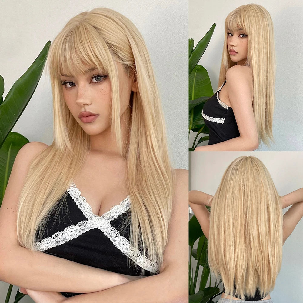 White Long Straight Synthetic Wigs for Women, Colorful Cosplay Party Fake Hair with Bangs, White Wig, HighTemperature Fiber, HENRY MARGU