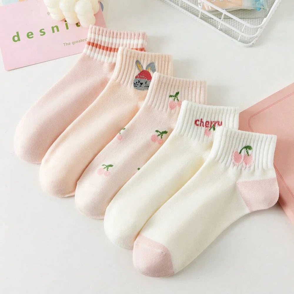 5/10 Pairs Women Striped Ankle Socks Trendy Versatile Pink Fruit Pattern Cartoon Short Socks Comfortable Breathable Casual Socks