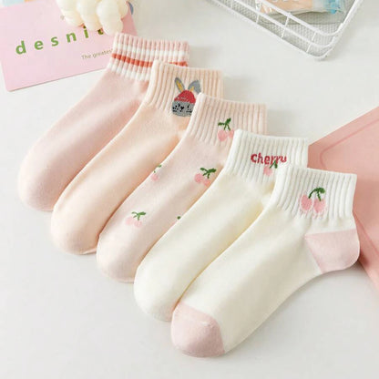 5/10 Pairs Women Striped Ankle Socks Trendy Versatile Pink Fruit Pattern Cartoon Short Socks Comfortable Breathable Casual Socks
