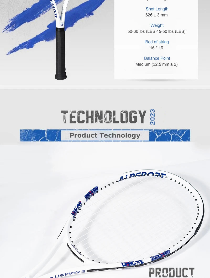 Carbon Fiber Tennis Racket, T800 18K-Professional Grade with Bag&Strap Lightweight Training Racquet for Adults Men&Women, ALPSPORT