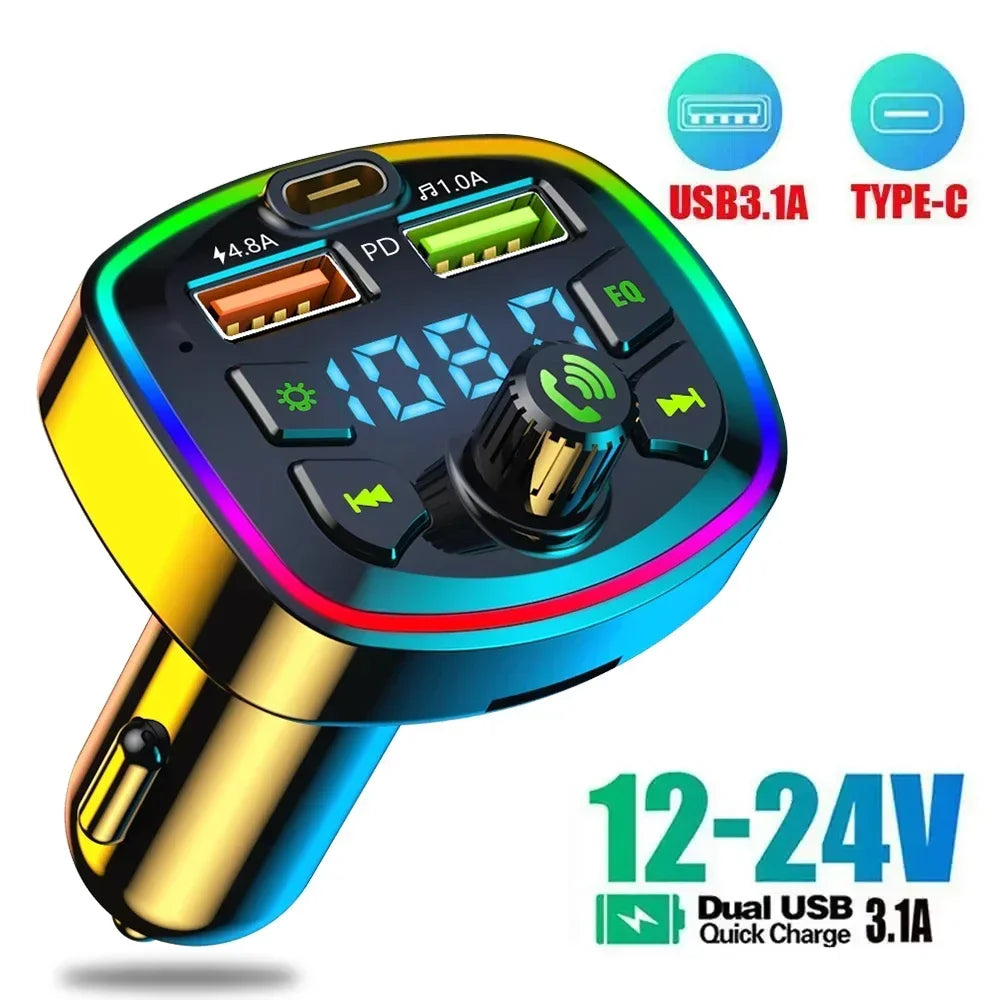 Car MP3 Player Bluetooth 5.0 FM Transmitter Handsfree Car Radio Modulator with Built-in Mic USB Quick Charge Adapter for Car