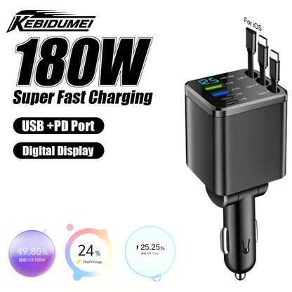 KEBIDUMEI 180W Car Charger PD30W USB 3.1A Phone Charger Digital Display Fast Charging Retractable Cable Adapter Car Accessories