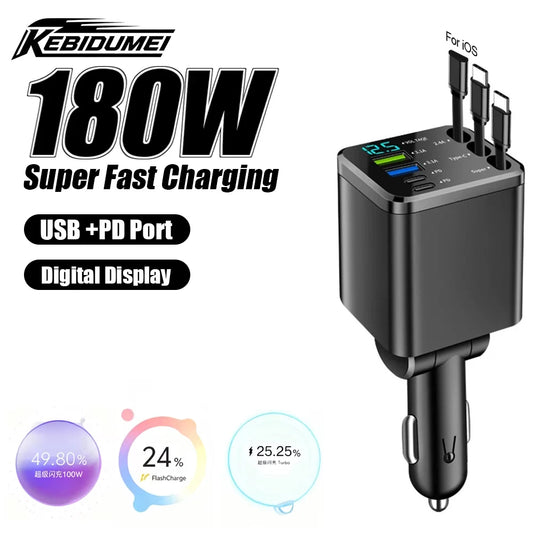 KEBIDUMEI 180W Car Charger PD30W USB 3.1A Phone Charger Digital Display Fast Charging Retractable Cable Adapter Car Accessories