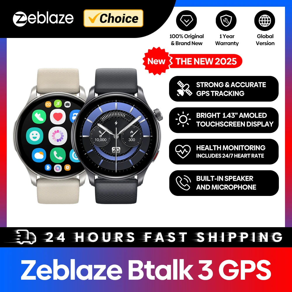New Zeblaze Btalk 3 GPS Smartwatch with 1.43" AMOLED Screen, Dual Straps, Make/Answer Phone Calls, Heart Rate, SpO2, and Stress Tracking