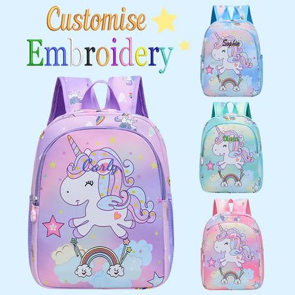 Embroidered Custom Cute Cartoon Rainbow Unicorn Print, Available in 4 Colors, Stylish Double-Shoulder Backpack, Casual Backpack