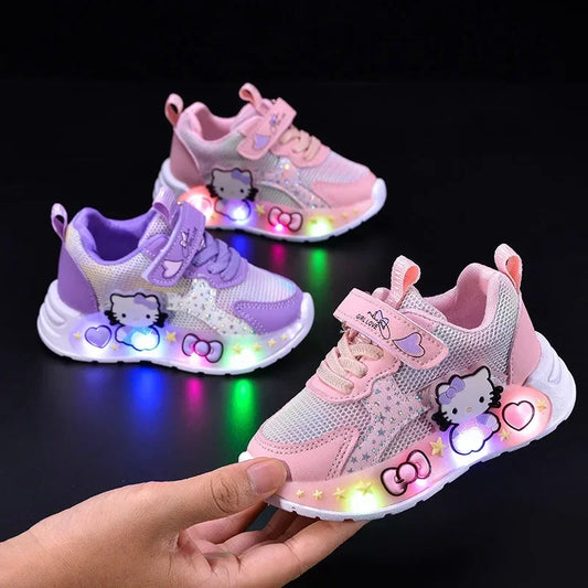 Kids' Casual Shoes Girls' LED Light Cartoon PU Leather Fashion Sports Flat-Bottomed Breathable Shoes White Pink Size 21-30