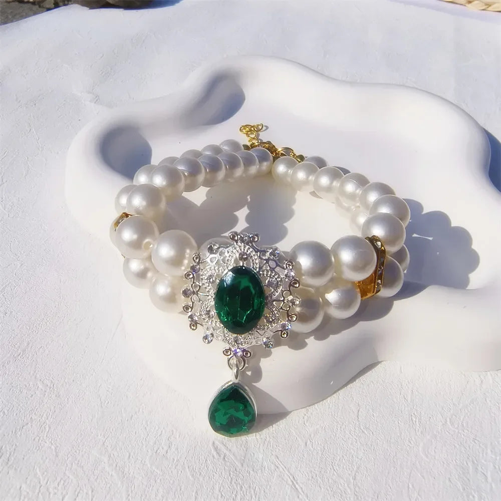 1 collar de perlas de doble capa de lujo para mascotas con colgante de diamante, disfraz de boda, perro, gato, accesorios de joyería de cristal, suministros para mascotas