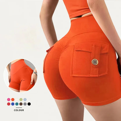 Pantalones cortos de yoga para mujer, con bolsillo, fruncidos, mallas de gimnasia de cintura alta que realzan los glúteos, mallas deportivas sexis, pantalones cortos para correr y fitness