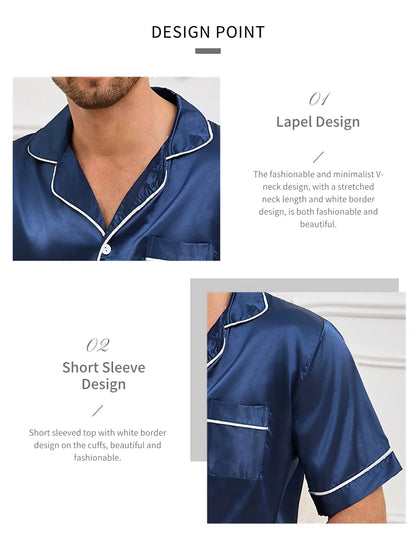 Men Satin Short Sleeve Pajama Set, Summer Sleepwear for Man, Button-Down Shirt & Elastic Waist Shorts, Pajamas Home Clothes, 2Piece