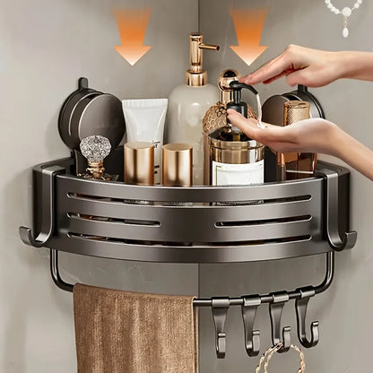 Space-Saving Suction Cup Bathroom Shelf - No Drilling Required, Strong Triangular Rack with Hooks, Suitable for Shower and Toilet