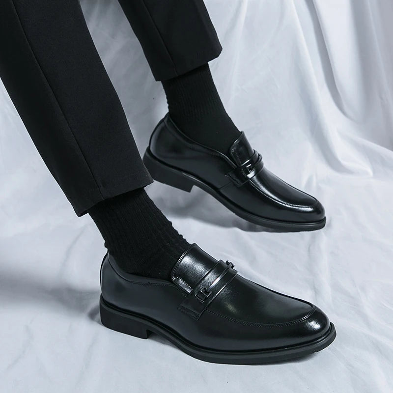 Men's Formal Leather Shoes Classic Style Slip-On Loafers Round Toe Breathable Non-Slip Business Dress Wedding Office Casual Shoes