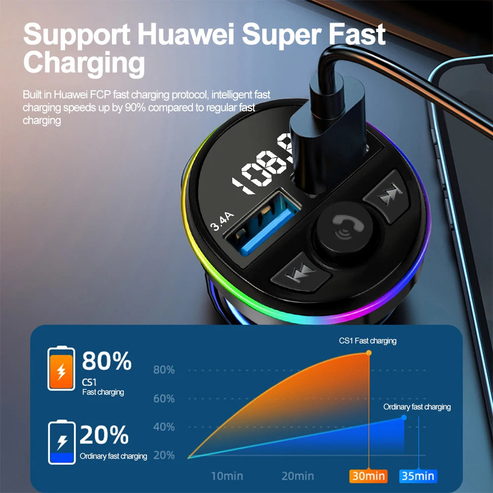 Bluetooth 5.0 FM Transmitter Car MP3 Modulator Player Handsfree Audio Receiver PD+USB Phone Charger With 3 in 1 Charge Cable