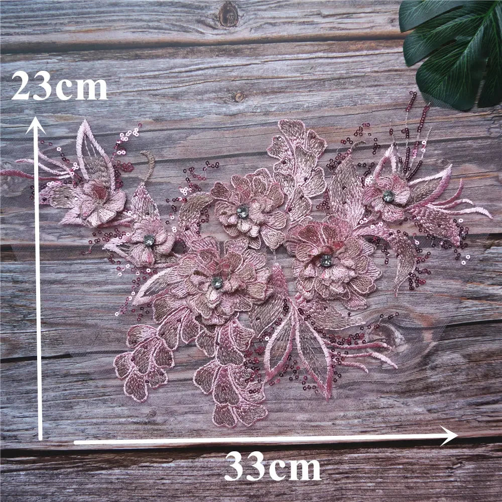 Grey Blue Red 3D Flower Leaf Lace Fabric Sequin Rhinestone Embroidered Gown Appliques Collar Mesh Sew Patch For Wedding Decor