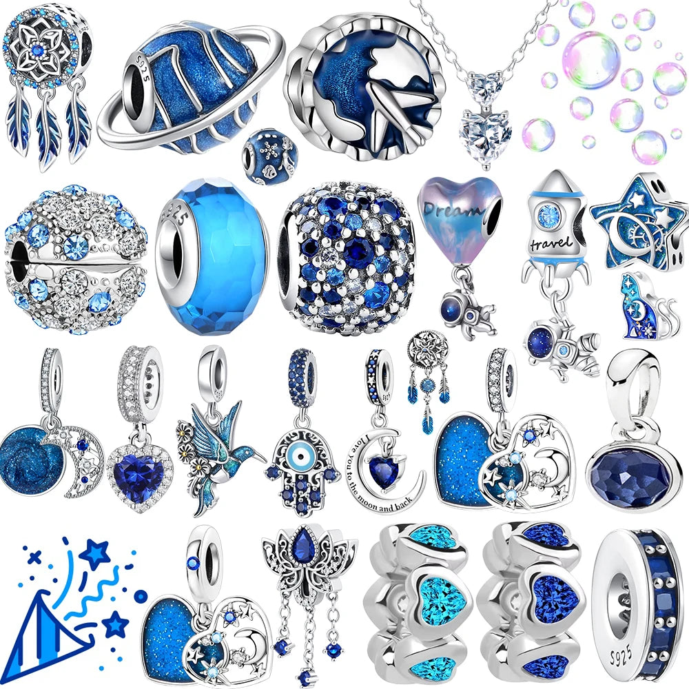 New 925 Sterling Silver Blue series moon Plane Space Beads Astronaut Charm Pendant Fit Original Bracelet Necklace DIY Gift Women