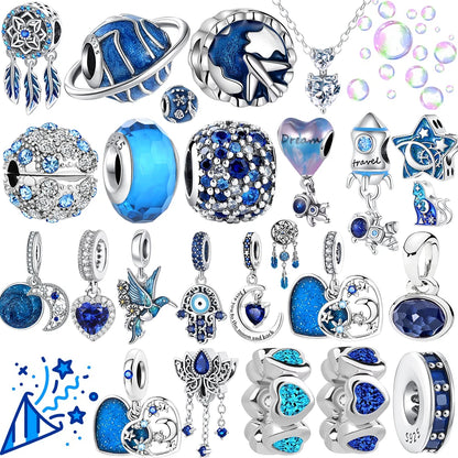 New 925 Sterling Silver Blue series moon Plane Space Beads Astronaut Charm Pendant Fit Original Bracelet Necklace DIY Gift Women