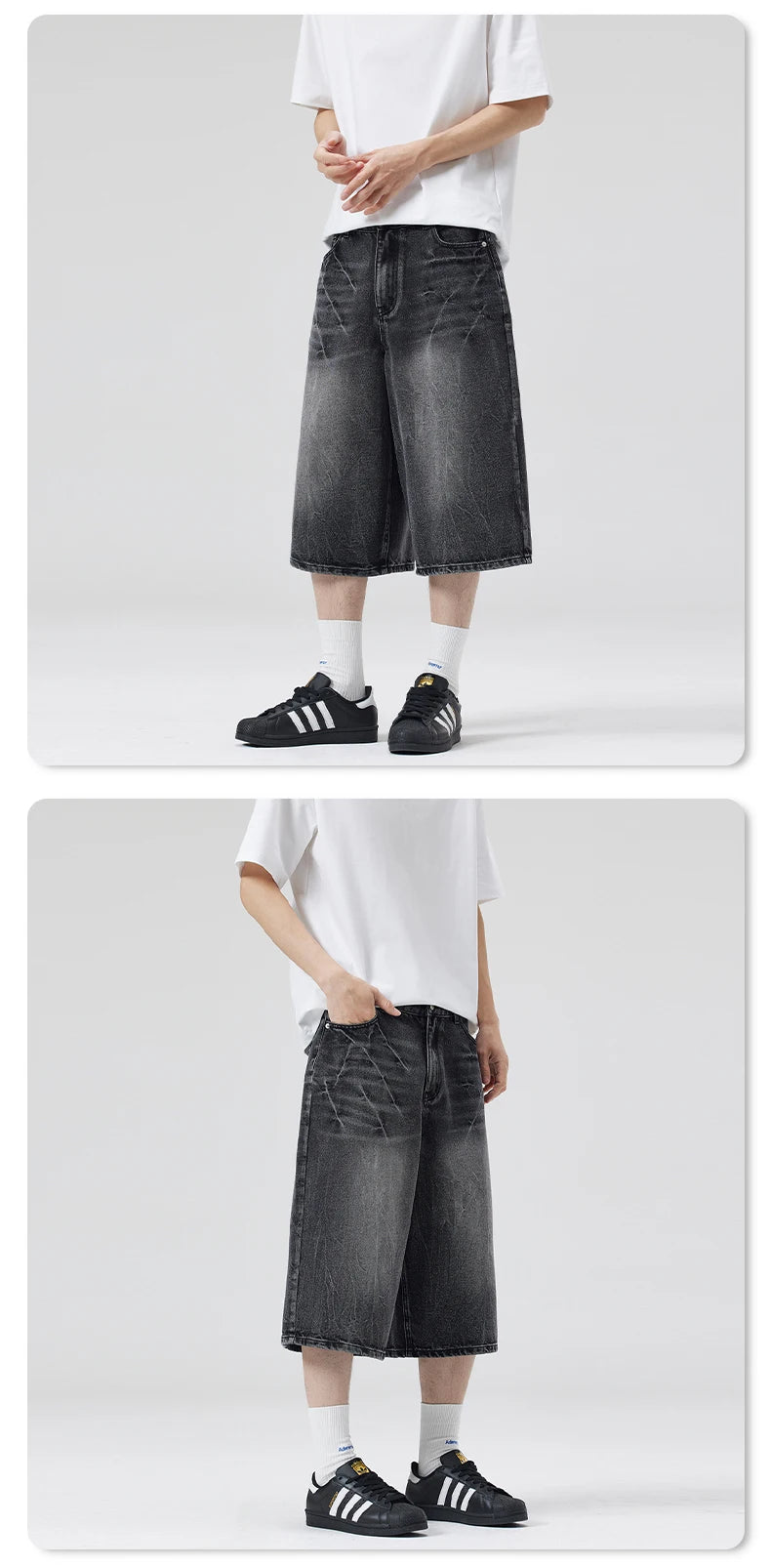 American Lightning Crack Black Grey Jeans, Men's Straight Tube Loose Wide Leg Shorts, Y2k Street Hip Hop Sevens