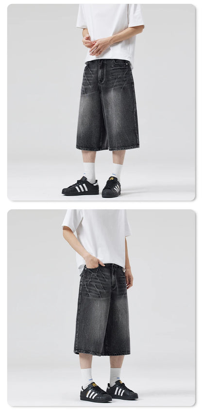 American Lightning Crack Black Grey Jeans, Men's Straight Tube Loose Wide Leg Shorts, Y2k Street Hip Hop Sevens