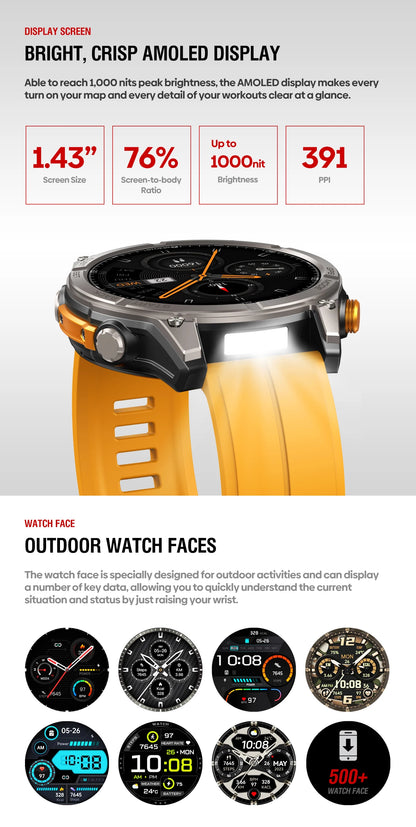 NEW Zeblaze Stratos 4 GPS Smartwatch, 1.43" AMOLED Screen Compass Barometric Altimeter Flashlight Voice Calling Smart Watch