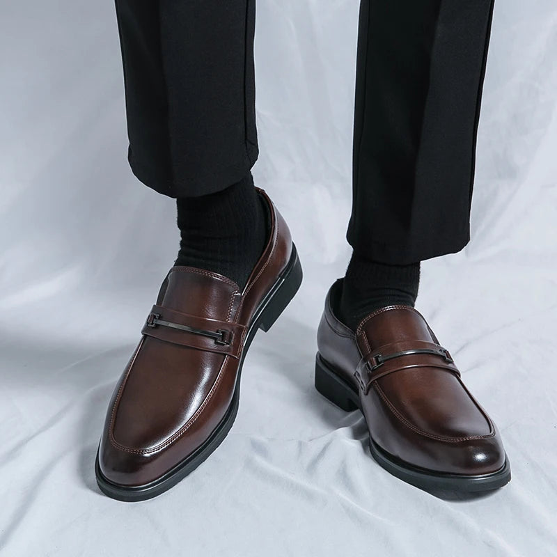 Men's Formal Leather Shoes Classic Style Slip-On Loafers Round Toe Breathable Non-Slip Business Dress Wedding Office Casual Shoes