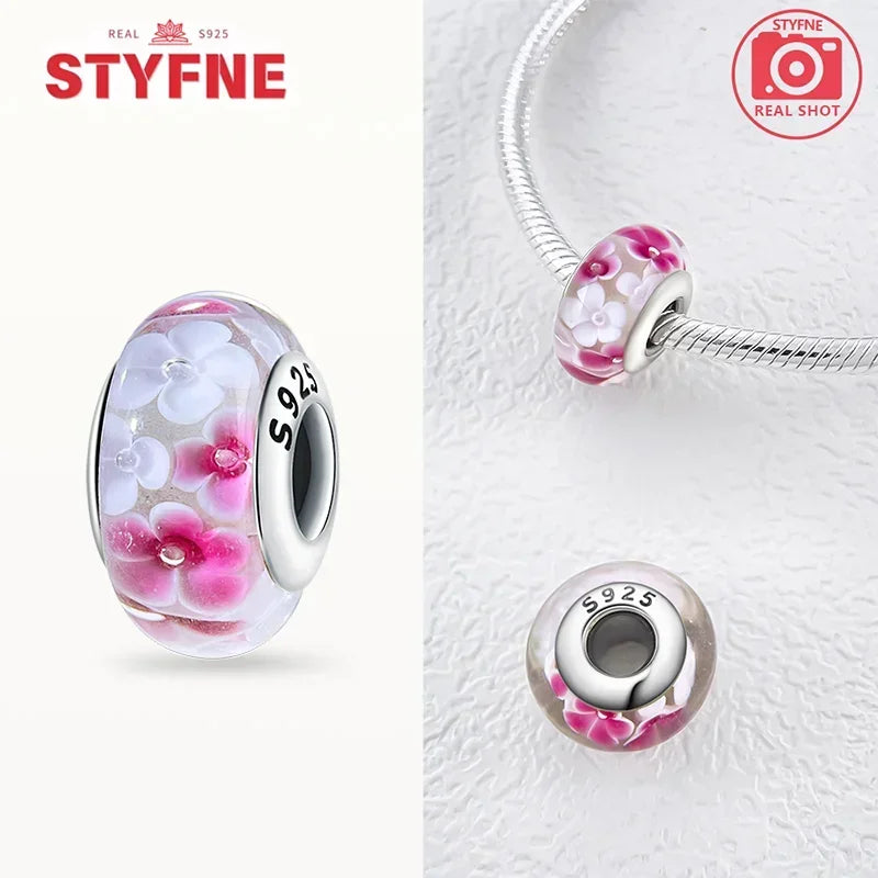 925 Sterling Silver Pink Color Series Beads Heart Flower Murano Glass DIY Jewelry Charms Fit Original Bracelet for Women Fine Gifts