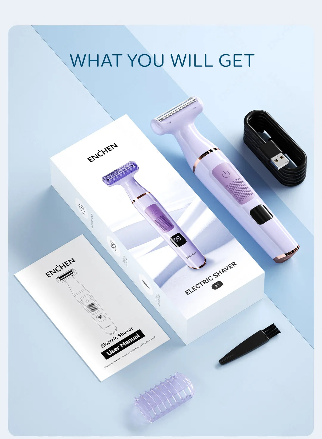 ENCHEN A1 Hair Trimmer For Lady Wet&Dry Suitable For The Whole Body Type-C Fast Charge 3-IN-1 Smooth Painless Detachable Blade