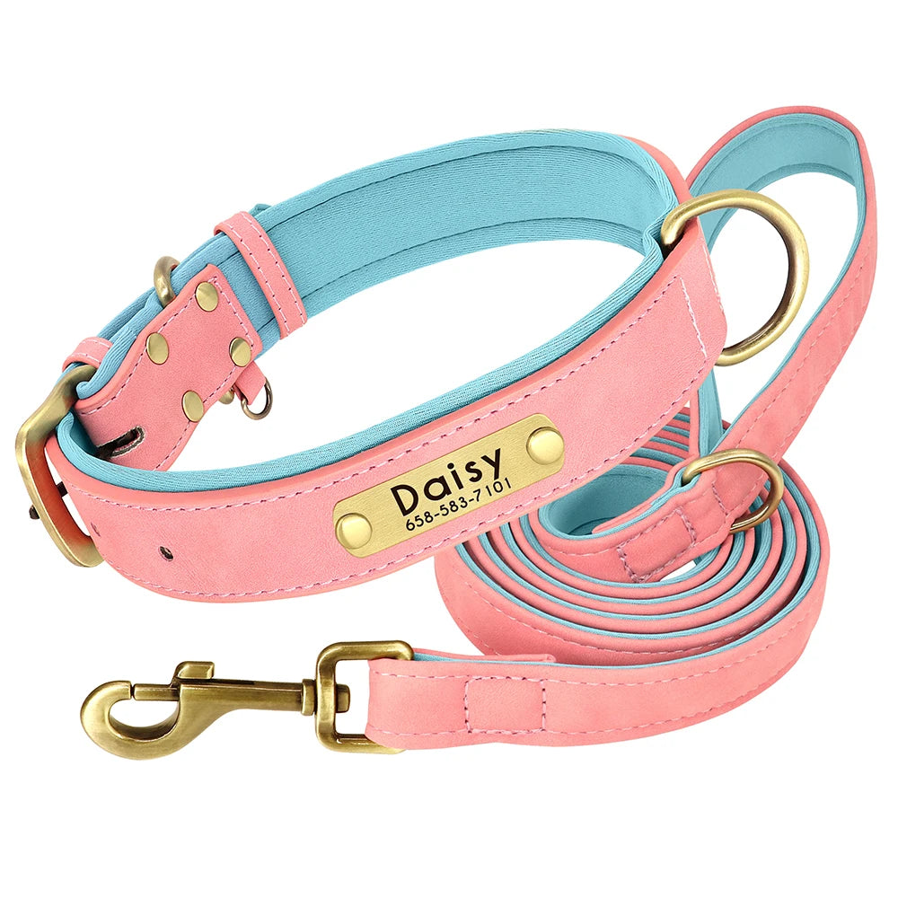 Customized Leather Dog Collar Leash Set, Soft Padded Leather Collar For Small Medium Large Dogs With Free Engraved Nameplate
