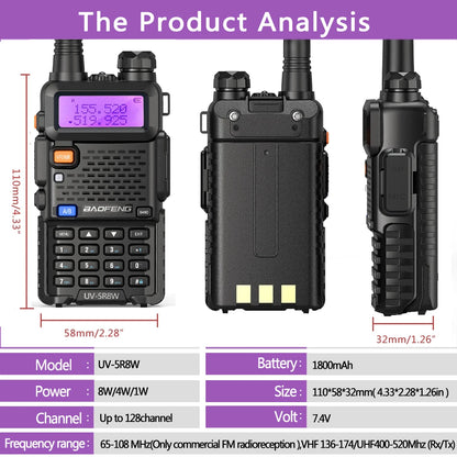 Walkie Talkie, UV 5R 5W 8W Dual Band Ham Two Way Radio, Vhf Uhf FM Radio, Handheld Transceiver, Hunting 16KM, BAOFENG