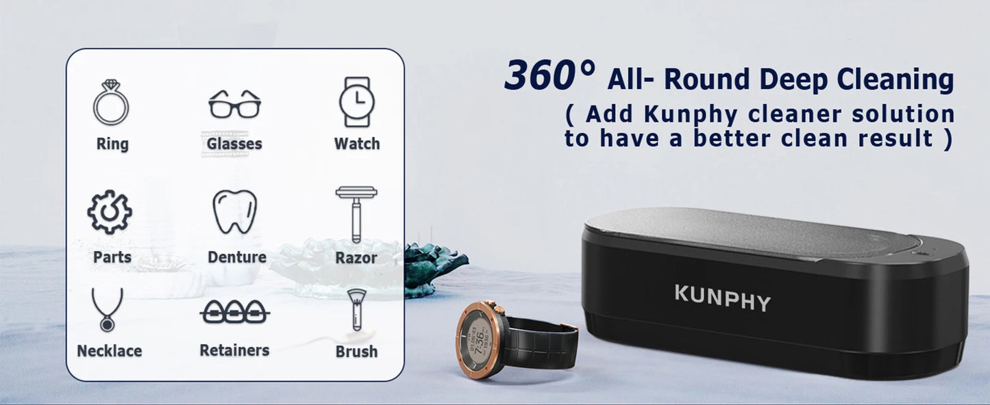 KUNPHY Ultrasonic Jewelry Cleaner 12oz 46KHz Professional Sonic Cleaner with One-Touch Operation for Rings, Glasses