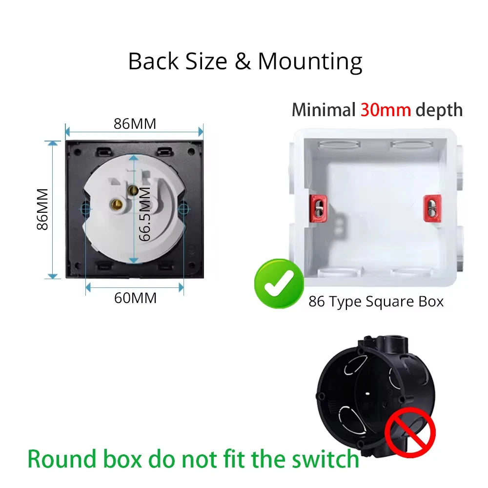 Wallpad Wall Switch 1 Way 2 Way, Circle Round Button, Blue LED Indicator, Brushed Aluminum Finishing, Black Gold SIlver Brown